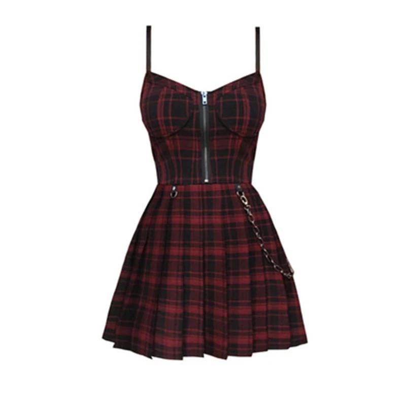 

Summer Preppy style Gothic Girls Sexy Sling Dress Red Balck Pleated Plaid Women Sleeveless Mini Short Dresses Punk Streetwear
