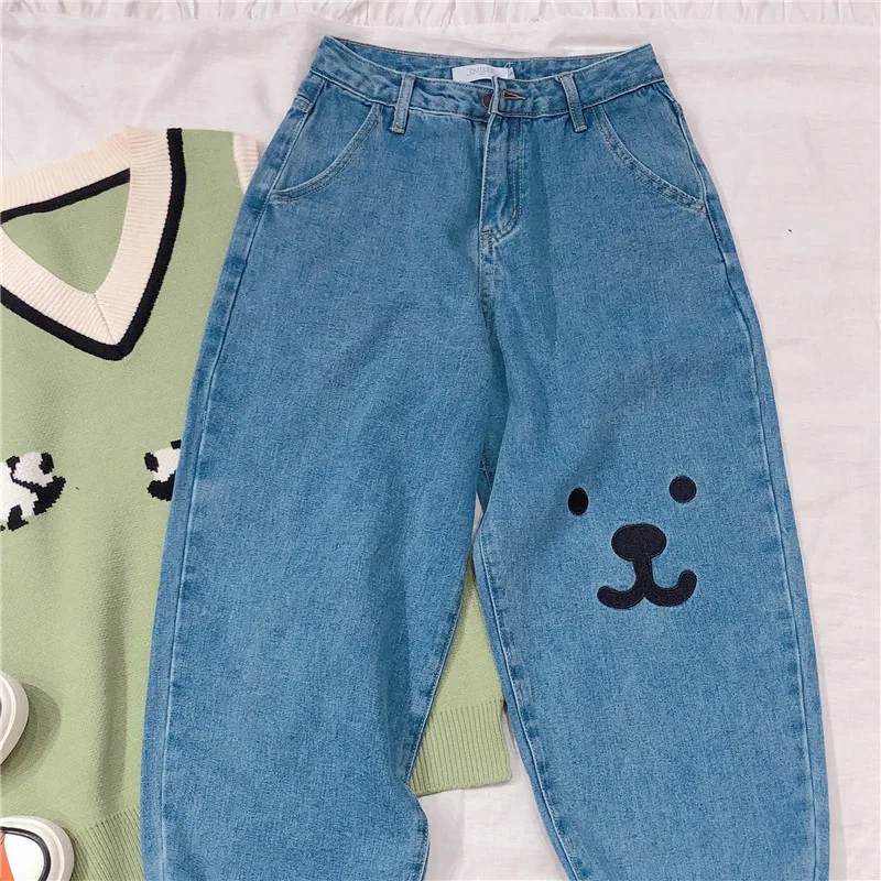 

Autumn Japanese Girl High Waist Straight Pants Washed Cotton Jeans Loose Jeans Mori Women Bear Embroidery Student Toursers
