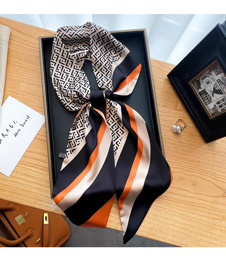 

New fashion literary of small fresh narrow long geometry printing scarf decorative scarf headband tie wrist strap bag belt