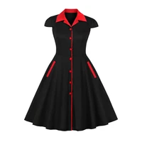 vintage solid black dresses notched collar buttons with pocket short sleeves housewife vestidos 50s 60s pinup retro party dress