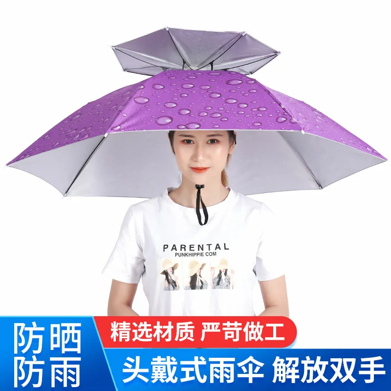 

Two-Fold Double-Layer Windproof Umbrella Cap Head-Wearing Umbrella Large Folding Bamboo Hat Fishing Umbrella Cap Sunshade