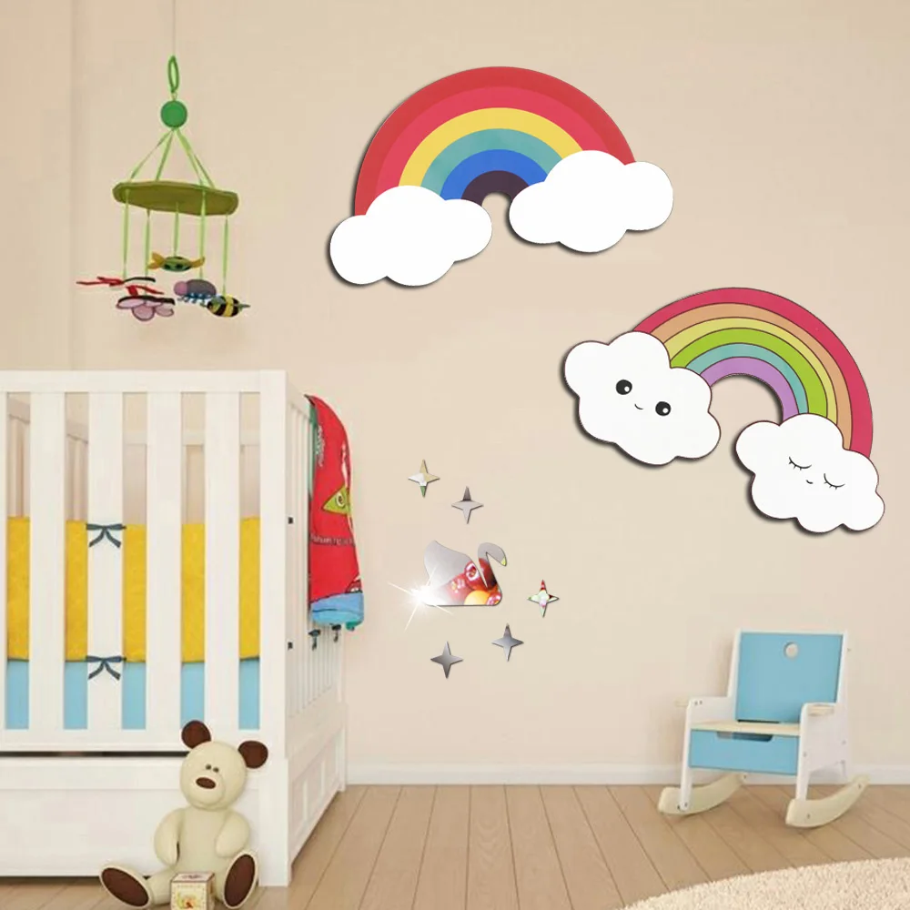 

Cartoon rainbow wall stickers for kids girls rooms Rainbow baby Children living room Wooden-Plastic Art home decor accessories