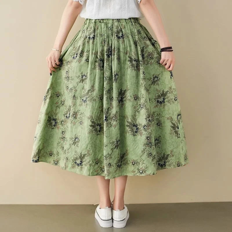 

New Spring Women Cotton Linen Skirts Elegant Vintage High Elastic Waist Floral Print Pleated Chic Big Swing Skirt for Girls 2020