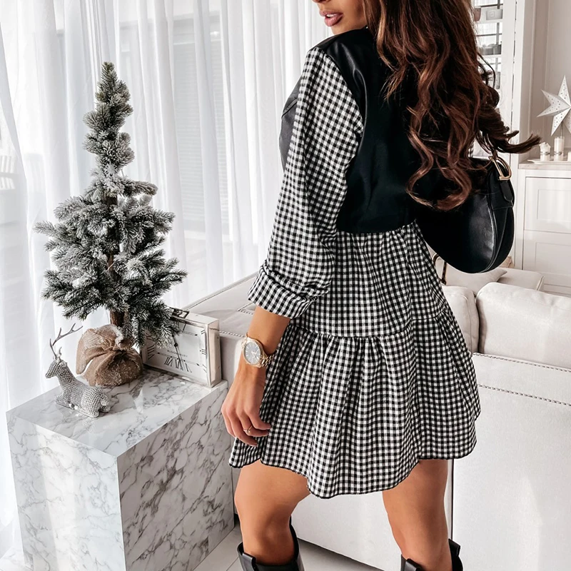 

Women PU Colorblock A-Line Dress Elegant Lapel Long Sleeve High Waist Lattice Dress 2021 Spring New Ladies Party Dresses Vestido