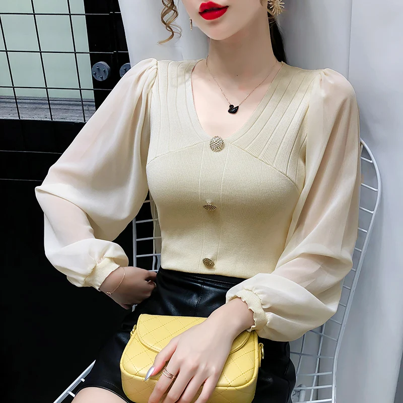 

Женская шифоновая Футболка с рукавами-фонариками, Свободный пуловер в стиле пэчворк на пуговицах, универсальный топ, Новинка лета 2021