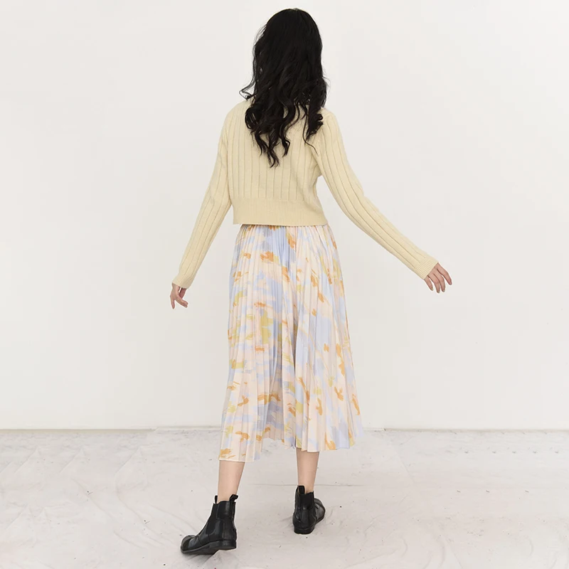 

Waist High Elastic Pattern Printed Pleated Vintage Half-body Skirt Women Fashion Tide New Spring Autumn 2021 1DA33001