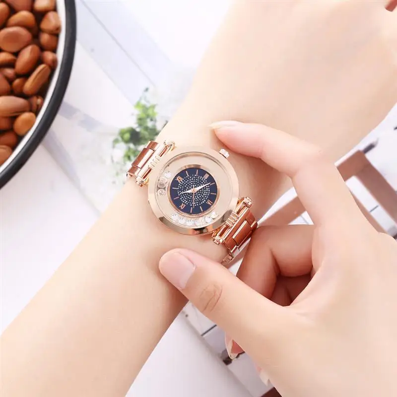 Модные вращающиеся алмазные часы женские из нержавеющей стали кварцевые на