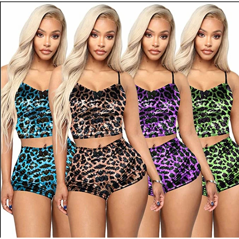 

Women Leopard Pajamas Set Sleeveless V-neck Backless Camisole+Elastic Waist Shorts Lady 2Pcs Homewear Outfits Summer
