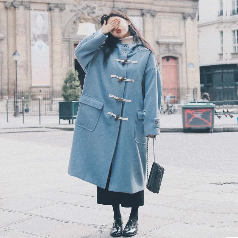 

Winter 2020 New Women's Horn Buckle Overcoat Female Single-breasted Long Woolen Coats Women Blue Loose Fashion Wool Coat