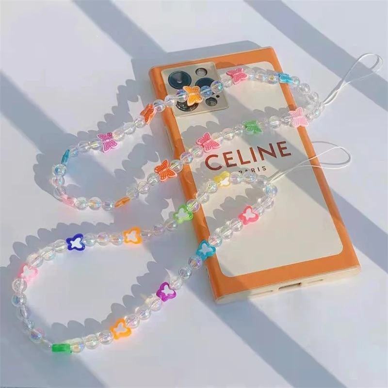 

Fashion Charming Color Resin Butterfly Mobile Phone Chain Women Transparent Round Beads Telephone Anti-lost Lanyard Jewelry Gift