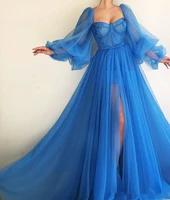 sexy blue long puffy sleeve tulle a line prom dresses sweetheart high side split floor length formal special occasion party gown