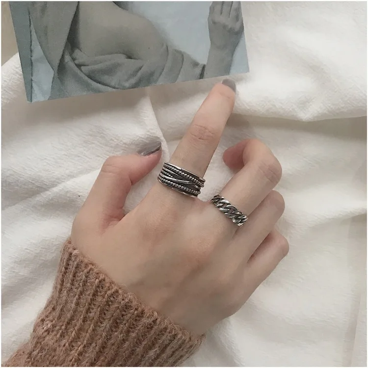 

Vintage Retro 925 Sterling Silver Adjustable Multi-layer Chains Rings For Women Female Fashion Punk Jewelry 2020