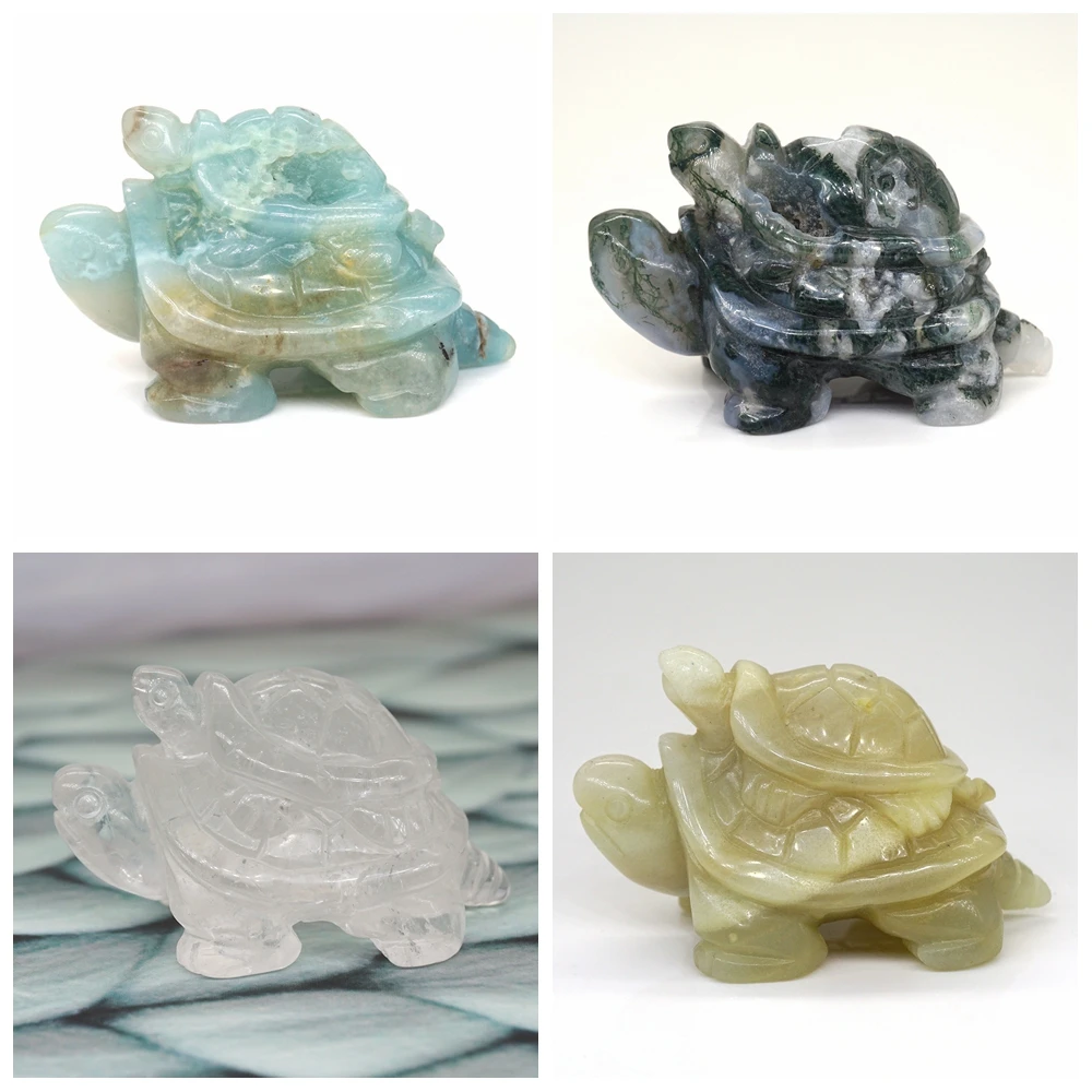 

2" Mother Child Tortoise Figurine Healing Crystal Reiki Statue Natural Gemstone Carved Animals Stone Feng Shui Home Decoration