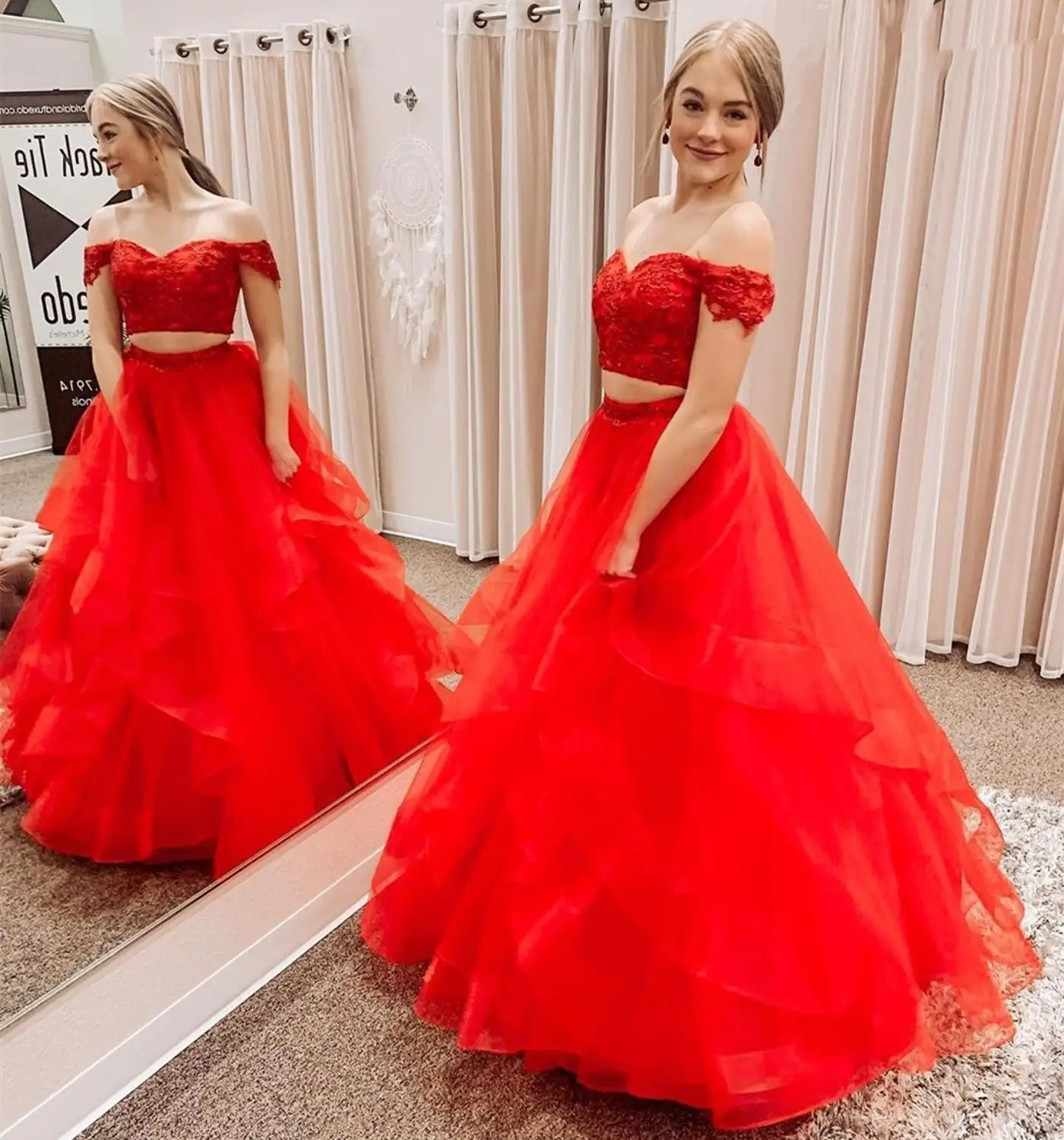

2021 Prom Dress Two Pieces Red Tulle Formal Gowns Floor Length Tulle Cap Sleeve Vestido Fiesta Women Party Gowns Custom Made