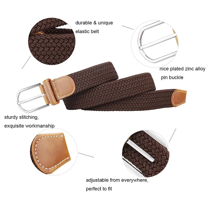 Мужской эластичный пояс плетеный стиль с серебряной пряжкой черный цвет бежевый