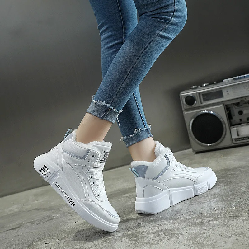 

Winter Ankle Boots Women Shoes Fur Warm Leather Thick Lace Up Waterproof Plush High Top Sneakers White Korean Women's Snow Boots