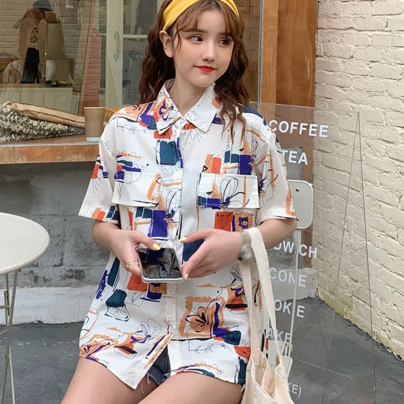 

Fashion Short Sleeve Blouses Turn-down Collar Chiffon Blouse Women Print Shirt Casual Tops