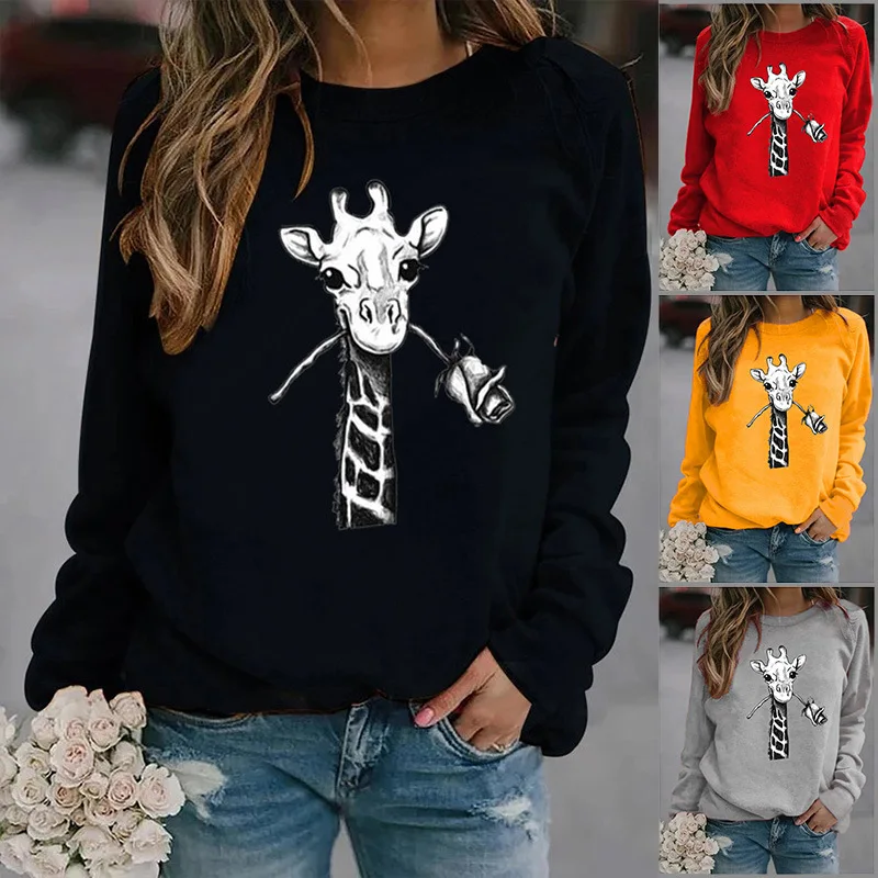 

Giraffe Holding Rose Printed Hoodies Women Fleece Long Sleeve O Neck Loose Sweatshirt Girls Women Hoodie Pullovers Winter