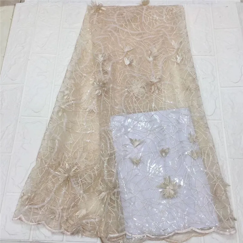 

African 3d flower Beige Lace Fabric With pink Sequins Nigerian French Lace Fabrics 2020 High Quality Sequined For Wedding Dress