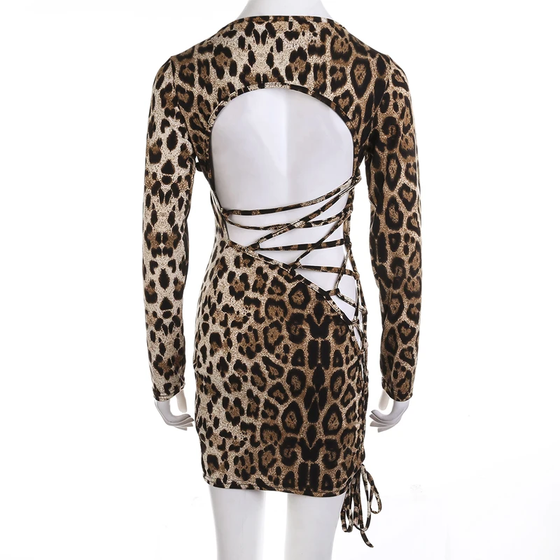 

Kayotuas Women Dress Slim Fit Spring Leopard Print Hollow Out Bodycon Mini Fashion Hot Sale Deep O-Neck Sexy Ladies Clothes