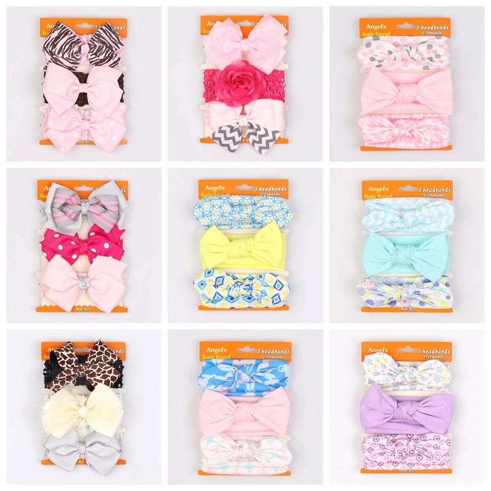 

New 3pcs/lot Printed Chiffon Flower Ribbon Bows Baby Girls Headbands Elastic Kids Children Knot Headwraps Hair Accessories Sets