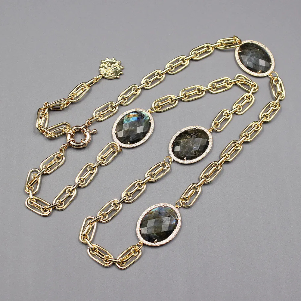

GuaiGuai Jewelry Natural Labradorite Oval Coin Shape Cubic Zirconia Pave Bezel Set Gemstone Chain Long Necklace 29"