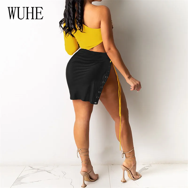 

WUHE Nightclub Short Jumpsuits One Shoulder Long Sleeve Strapless Cross Lace Up Bandage Side High Split Party Casual Streetwear
