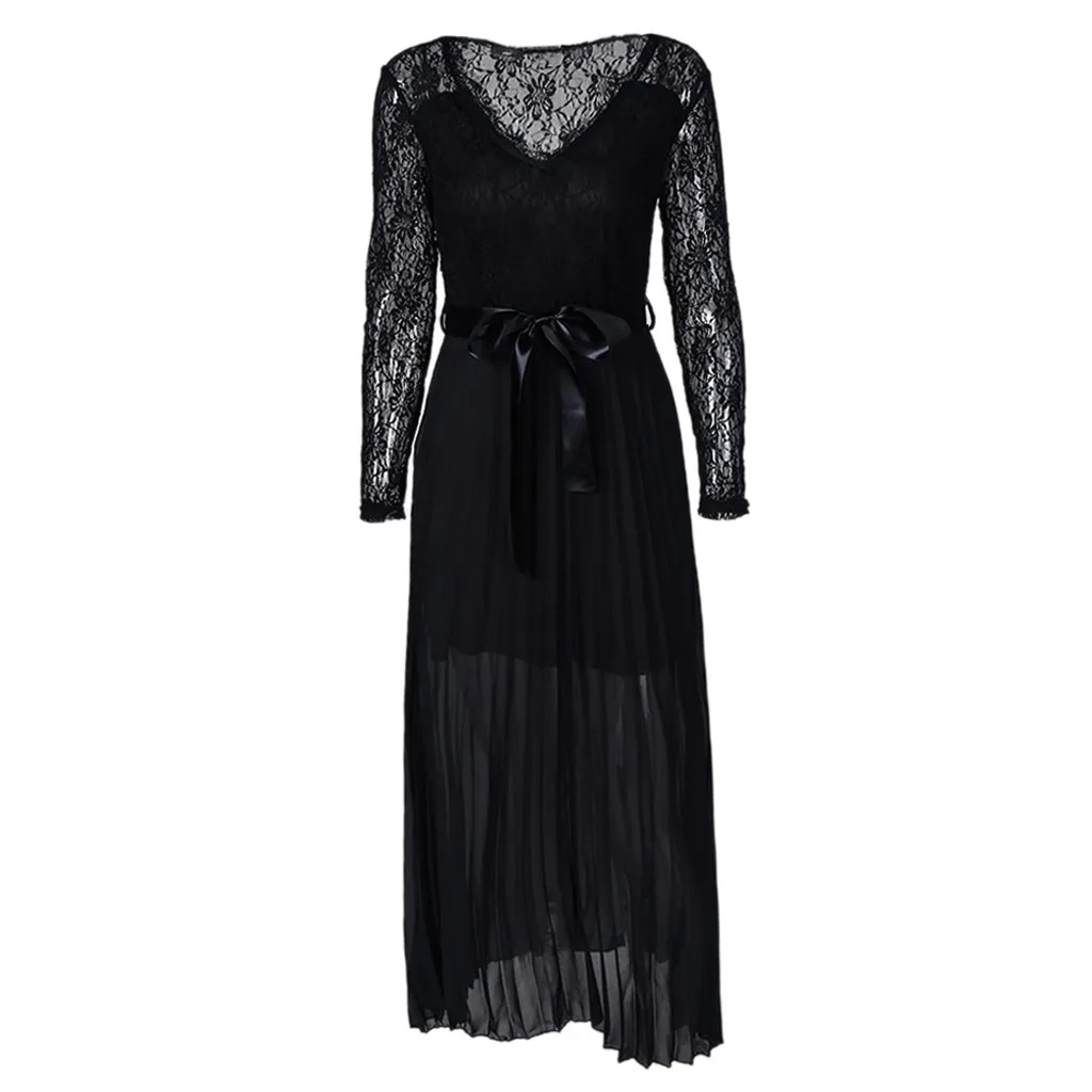 

Sexy Party Dress Autumn 2020 Women V-neck Long Sleeve Perspective Lace Pleated Mini Dresses Sashes Elegent Dress Black Vestidos