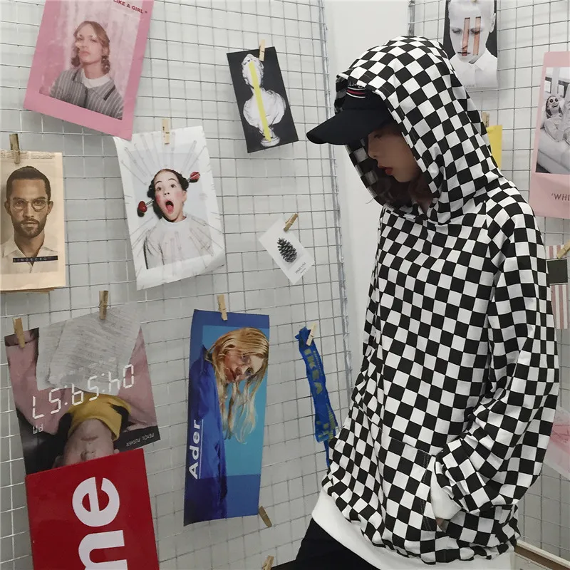 Корейский стиль Женская Толстовка Harajuku Checker женские толстовки пуловер хип-хоп Повседневный шахматный стиль плед оверсайз Топ