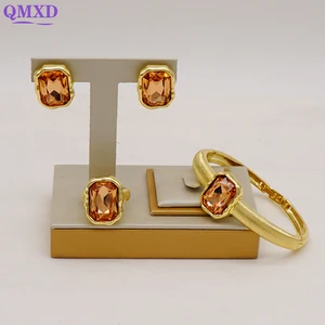 Newest Design Brazilian Gold Bracelet Earrings Ring Rhinestone Jewelry Set High Quality For Woman Party Wedding Gift Jewelry