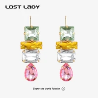 lost lady luxury crystal long hanging drop earrings shiny statement geometric earrings for women exaggerated party jewelry