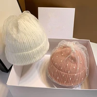 new fashion women beanie hat warm winter hat fascinating veil netting knit hats chunky soft stretch knitted cap for cold weather