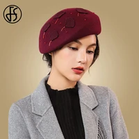 fs 100 wool beret hat vintage winter wool hats women elegant french fedora cap wine red autumn party church wedding caps