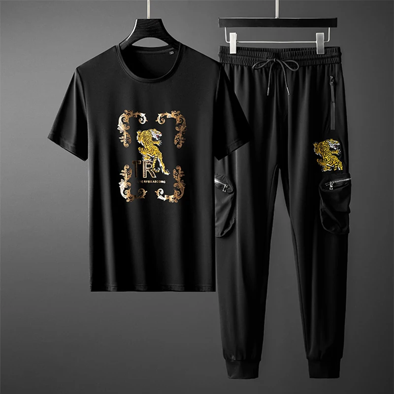 European men's sports and leisure suit jacket short-sleeved summer embroidery tiger mercerized cotton work pants two-piece suit