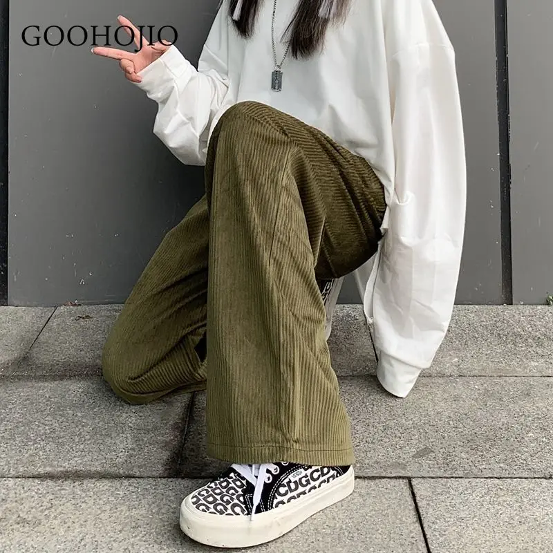 

GOOHOJIO 2021 New Spring Autumn All-match Wide Leg Pants Women Oversized Corduroy Trousers for Couple Loose Vintage Women Pants