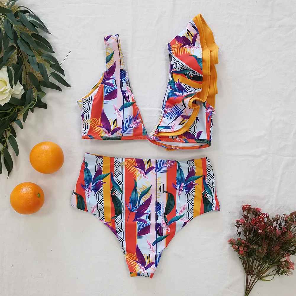 

2021 new split swimsuit women's high waist strap double Ruffle sexy bikini