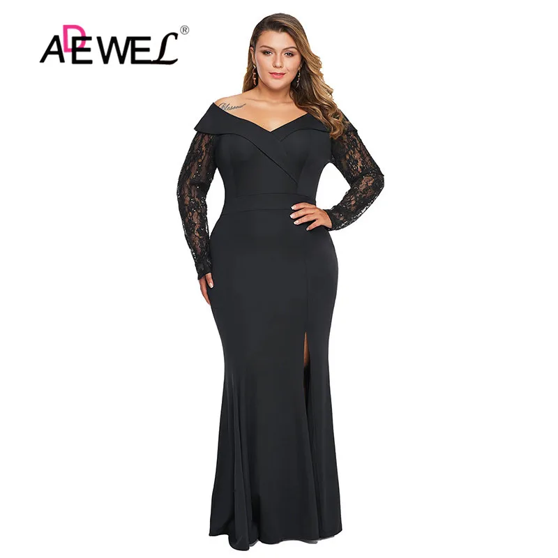 Женское вечернее платье макси ADEWEL черное кружевное с длинным рукавом и бусинами