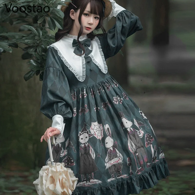 

Vintage Sweet Harajuku Lolita OP Dress Women Gothic Bow Rabbit Dark Mushroom Print Long Sleeve Party Dresses Girls Kawaii Dress