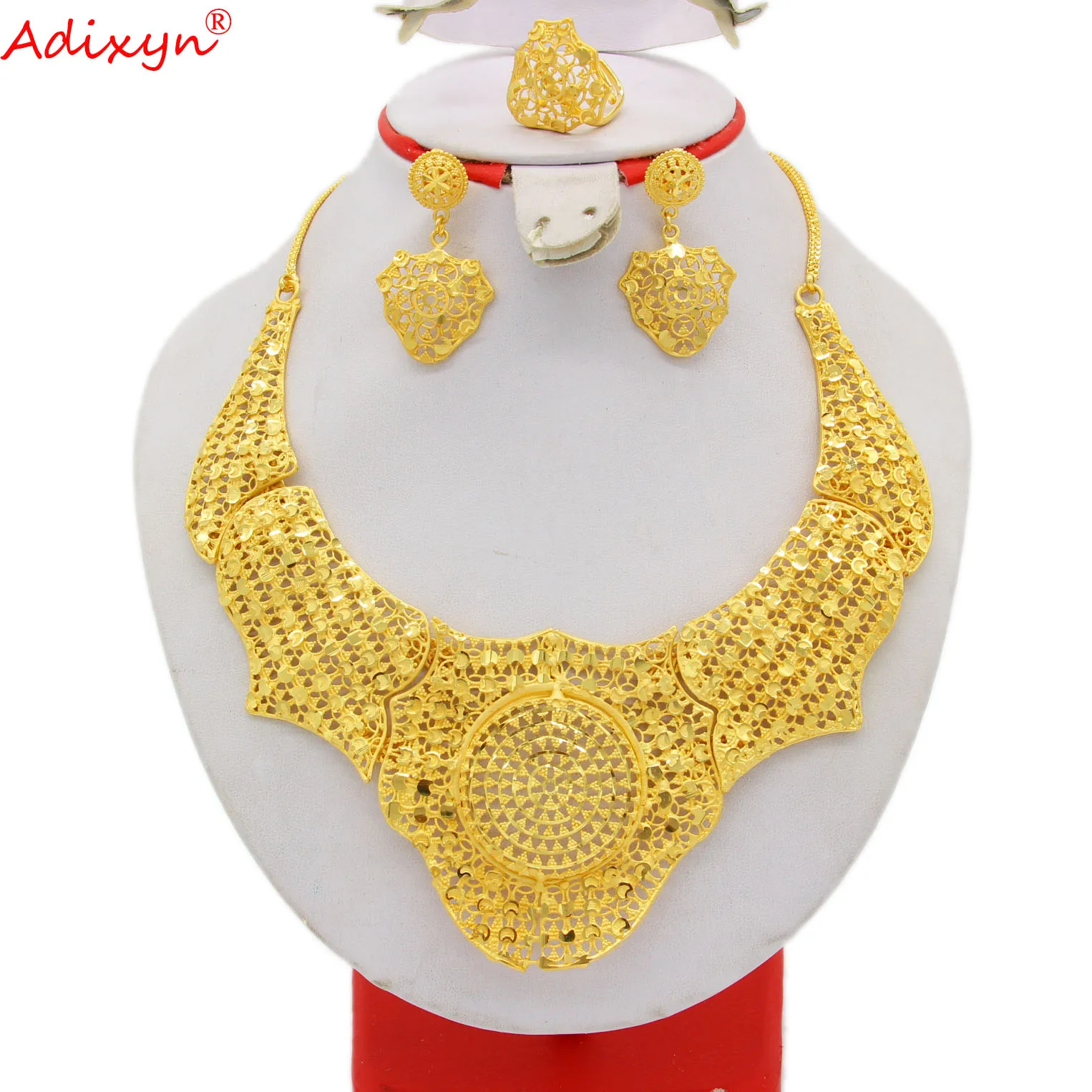 

Adixyn Nigeria Dubai Gold Color jewelry sets African Bridal Wedding Gifts 24K Necklace Earrings Ring set Women Collares N02215