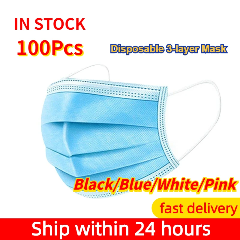 

100pcs Mask Disposable Three-layer Nonwove Mask Dust Mouth Mask Windproof Face Masks Mascarilla In Stock 18 Hours Fast Ship