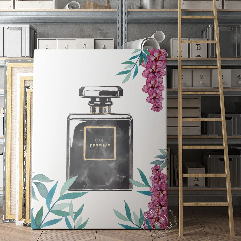 

Noir Perfume Bottle Illustration Poster, Fashion Paris Perfume Wall Art, Flower Leaf Art Prints, Beauty Salon Home Decor Gift