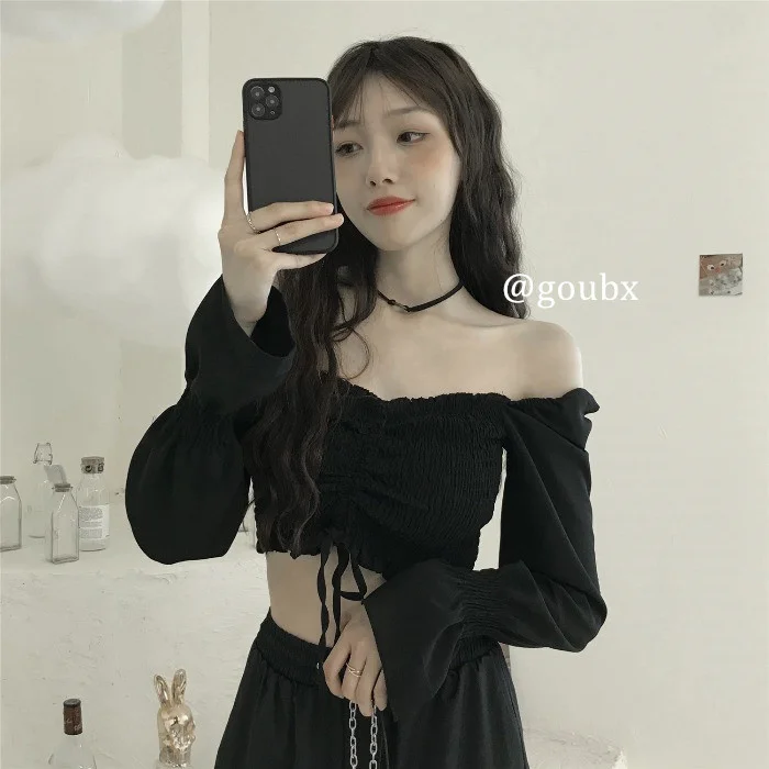 

Новинка лета 2021, женский короткий топ с открытыми плечами и длинным рукавом, привлекательная дизайнерская рубашка с квадратным вырезом