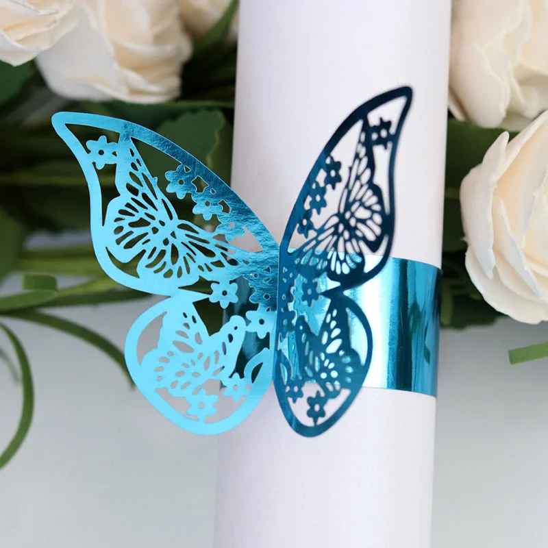 Синий 50Pieces/Set Butterfly Style Laser Cut Paper Napkin Rings napkins Holders Hotel Wedding Favors Table Decoration - Цвет: Синий