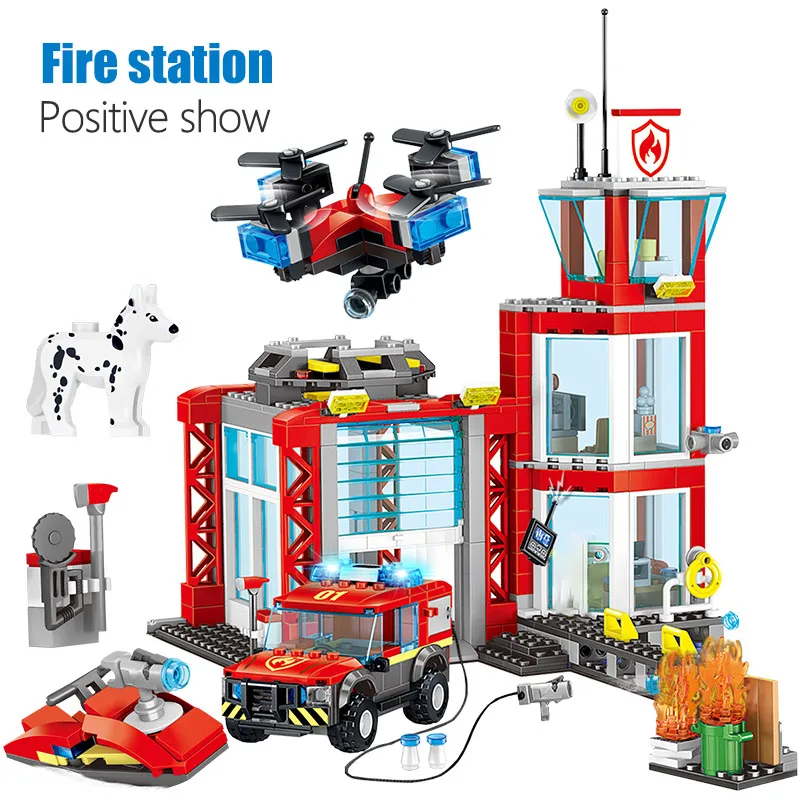 537pcs Fire Fighting Car Building Blocks Compatible City Department Helicopter Boat Figures Bricks Children Toys | Игрушки и хобби