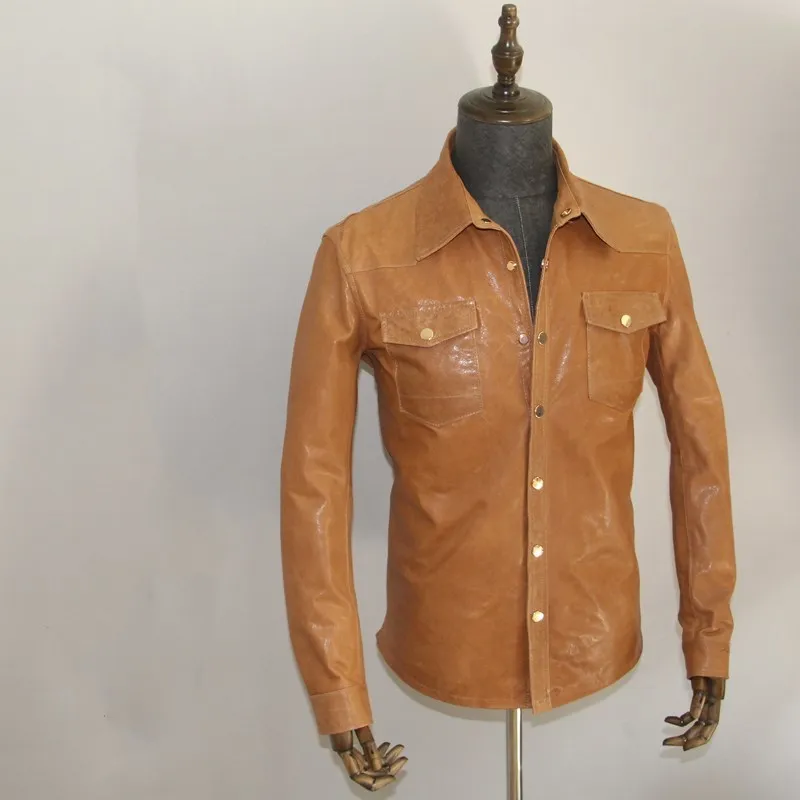 

2020 Light Brown Men Casual Single Breasted Plus Size 5XL Genuine Thin Sheepskin Spring Slim fit Leather Shirt