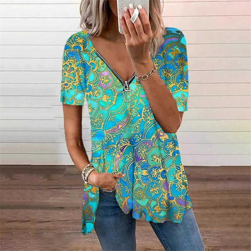 

Summer sexy v-neck zipper short-sleeve print t-shirt fashion casual loose girl clothing women goth tops harajuku