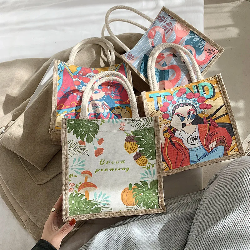 

Trendy Girl Cartoon Bag Female 2021 New Ethnic Style Retro Tote Bag Lunch Bag Large Capacity Shopping Bag Handbag