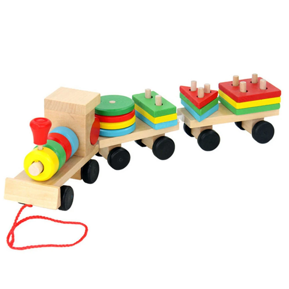 

Children Learning Educational Toys Geometric Shape Wooden Building Blocks Wood Three Small Trains Rope Traction Toy Kids Gift