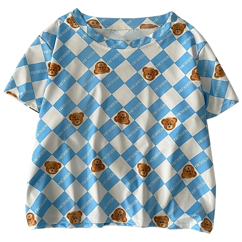 

Summer Short Retro Plaid Print Kawaii Bear Print Short-Sleeved Short Tshirt High Waist Loose Umbilical Top Korean T-Shirt Female