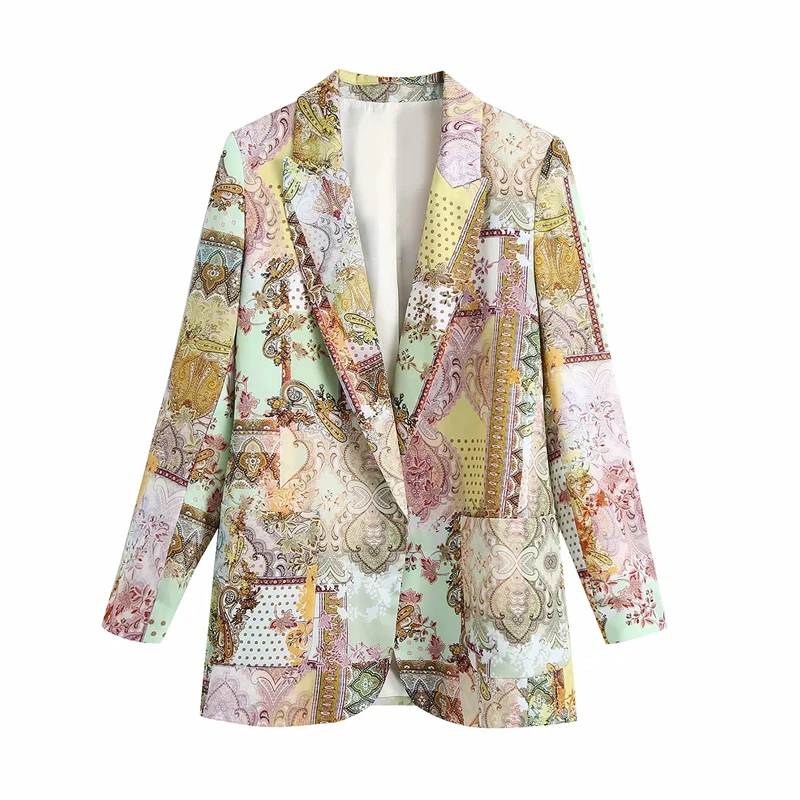 

KRSB Autumn Women's Colorful Printed Suit Collar Gorgeous Printed Long Sleeve Top Casual Comfortable Casual Za British Style